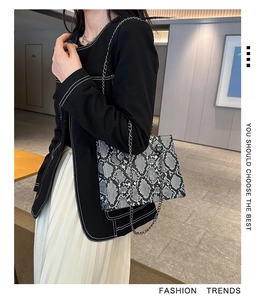 Fashionable snakeskin crossbody bag with silver chain strap shown worn on a model