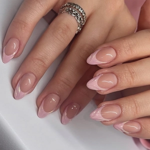 Französischer Stil Rosa Mandel Druck Auf Nägel Weiße Wirbel Glänzende Künstliche Fingernägel Für Frauen Elegante Maniküre