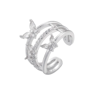Detailed view of silver triple-layered ear cuff featuring zircon butterfly ornaments