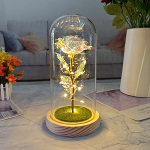 Detail view of colorful LED foil rose in a glass dome with a warm wooden base