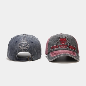 Vintage washed denim baseball cap featuring distressed husky embroidery and patchwork
