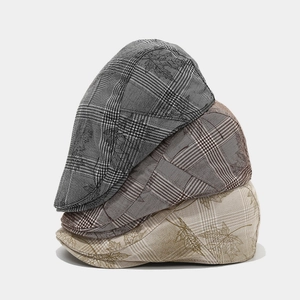 British retro plaid duckbill hats with maple leaf prints in grey, coffee and beige