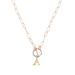 Gold stainless steel paperclip chain necklace with OT buckle and letter A pendant