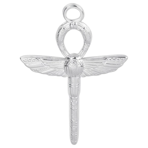 Macro shot of silver Egyptian Ankh pendant with winged scarab details and polished metal finish