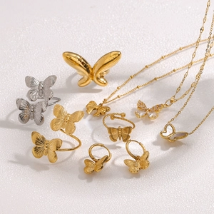 18K gold plated stainless steel butterfly jewelry set with necklace and earrings