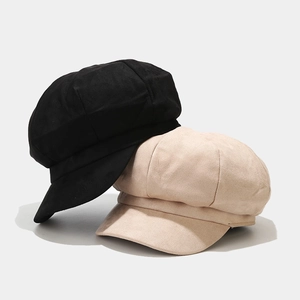 British retro suede newsboy cap set in black and cream beige colors for outdoor fashion