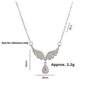 Detailed view of angel wing pendant with pink pear-cut zircon and silver chain dimensions
