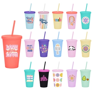 16oz matte candy color double-layer plastic straw cups in various vibrant designs
