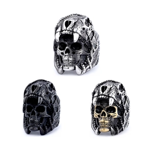 Gothic large skull rings for men in silver, black and gold-tone stainless steel finish