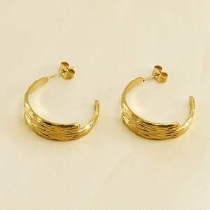 Geometric Pleated Hoop Earrings 18K Gold Plated Stainless Steel Textured U Shaped Studs For Women Trendy Jewelry