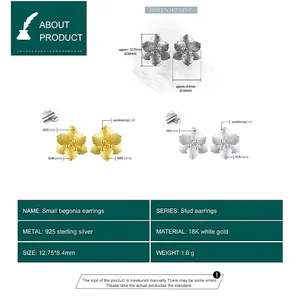 925 silver Chinese style begonia flower earrings with gold plating and sandblasting finish