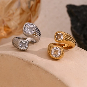 Square Zircon Open Ring Stainless Steel 18K Gold Plated Twisted Spiral Bypass Finger Jewelry For Women