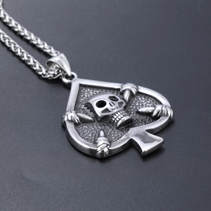 Macro shot of vintage silver skull pendant on spade shape with gothic punk style details
