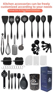 Detailed 44-piece black silicone kitchen utensil set with storage bucket on white background