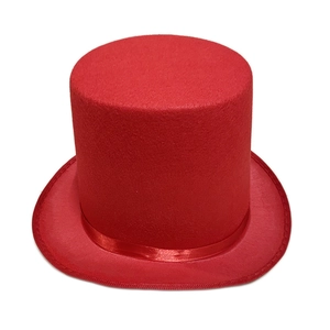 Tall red felt magician top hat with satin ribbon for Halloween stage performance