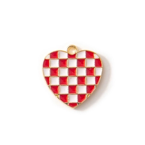 Red and white checkered heart pendant with gold plated alloy rim for DIY jewelry
