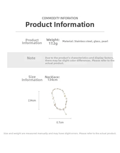 Detail view of 134cm pearl necklace showing material specs and length measurements