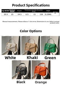 Quilted PU leather handbag showing precise size dimensions and five color variations