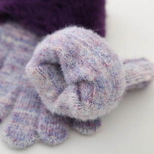 Purple gradient winter knit hat and plush gloves set with pompom and thermal lining