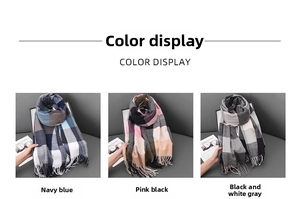 Detailed comparison of three plaid scarves featuring navy, pink, and grey fringe patterns