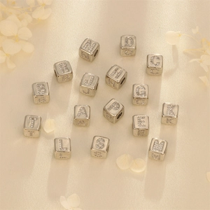 Silver square alphabet beads with white zircons for DIY charm bracelets and necklaces