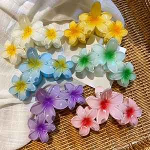 Floral acrylic hair claw clip set with gradient frangipani design for summer hair styling