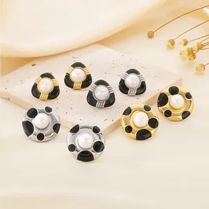 French Retro Geometric Stud Earrings 316L Stainless Steel Enamel Faux Artificial Pearl Vintage Style Elegant Accessories For Women