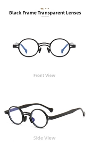 Front and side views of vintage black round full-rim glasses with clear lenses