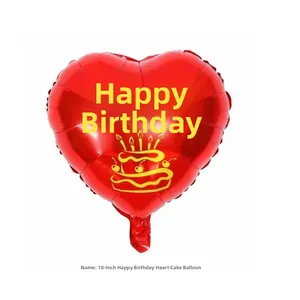 Détail d'un ballon cœur de 18 pouces en aluminium rouge avec texte d'anniversaire jaune