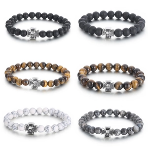 Men Natural Stone Beaded Bracelet With Stainless Steel Skull Cross Charm Retro Punk Gothic Style Jewelry Agate Tiger Eye