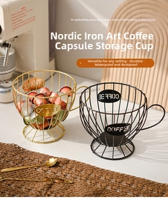 Detail view of gold and black wire coffee pod baskets with a metal COFFEE sign