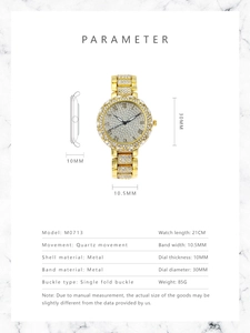 Guide des dimensions pour montre à quartz dorée avec détails du cadran et du bracelet