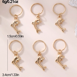 Detailed dimensions of 6-piece golden dolphin hair charms showing 3.4cm total length