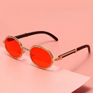Trendy retro round sunglasses with gold metal frame and sparkling crystal diamond chain