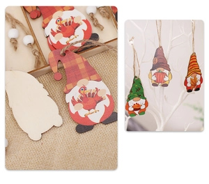 Detail of wooden gnome ornaments with turkey and pumpkin motifs for harvest decor