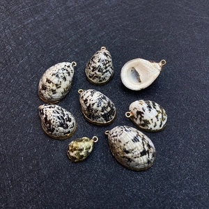 Detailed view of natural shell pendants with golden clasps for DIY jewelry making