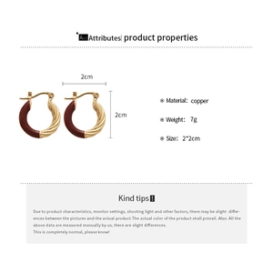 Detailed product specs of gold and dark red enamel hoop earrings made of copper material