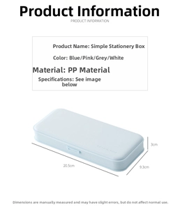 Detailed size specifications for the blue PP minimalist pencil box showing dimensions