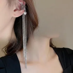 Elegant Hollow Rose Alloy Rhinestone Imitation Artificial Pearl Long Tassel Ear Clip Non Pierced Fashion Jewelry Accessory Women Silver Color