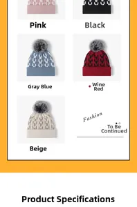Detailed close-up showing five color variants of chunky knit beanies with faux fur pom-poms