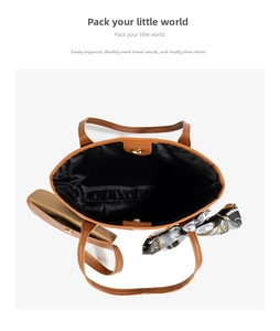 Top view of large brown leather tote bag with inner pouch, scarf and magnetic closure