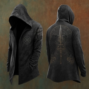 Detail of hooded jacket with Viking Aegishjalmur and Odin raven prints on back