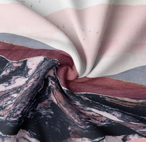 Detail of soft fabric tapestry with abstract marble patterns in pink and grey tones