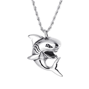 Hip hop shark pendant necklace in silver stainless steel with twisted rope chain