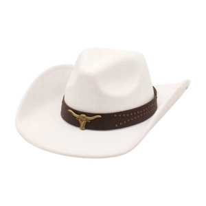 Classic white Western cowboy hat featuring a brown leather band and bronze bull head emblem
