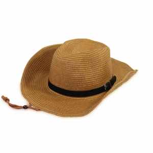 Detail of western straw cowboy hat featuring black leather band and adjustable chin strap
