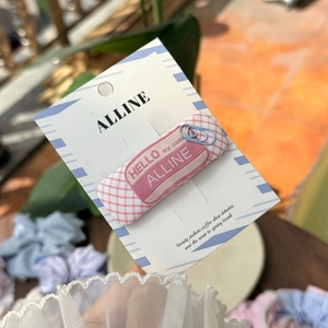 Detail of pink plaid fabric hair clip with Hello My Name embroidery and blue paperclip charm