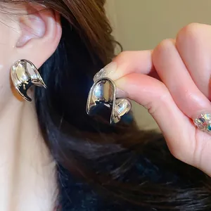 Liquid Metal Stud Earrings With Silver Earring Post Irregular C-Shape Minimalist Glossy Fashion Jewelry For Women