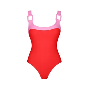 Detail of red one-piece swimsuit with pink trim and square resin buckle on shoulder
