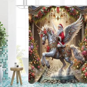 Christmas shower curtain featuring Santa on a winged unicorn with floral arch and bells